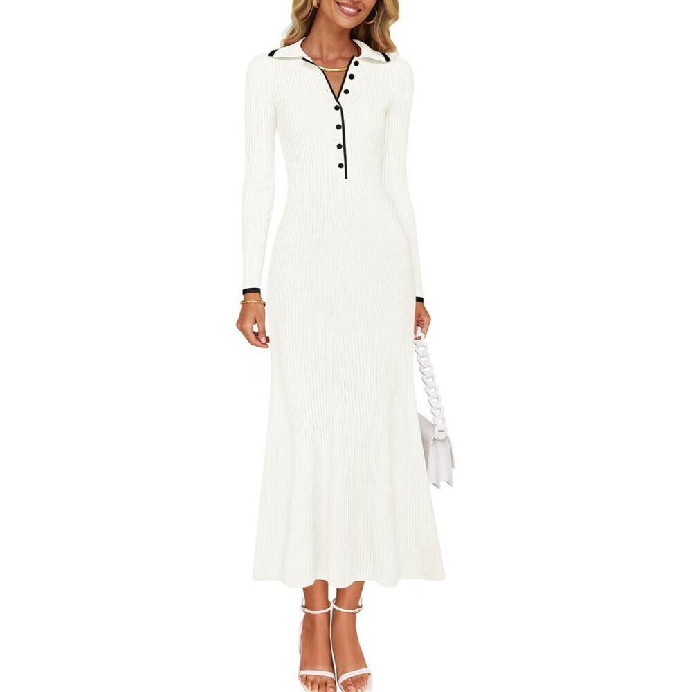 Women's Ribbed Knit Sweater Dress V Neck Casual Maxi Fall Office
